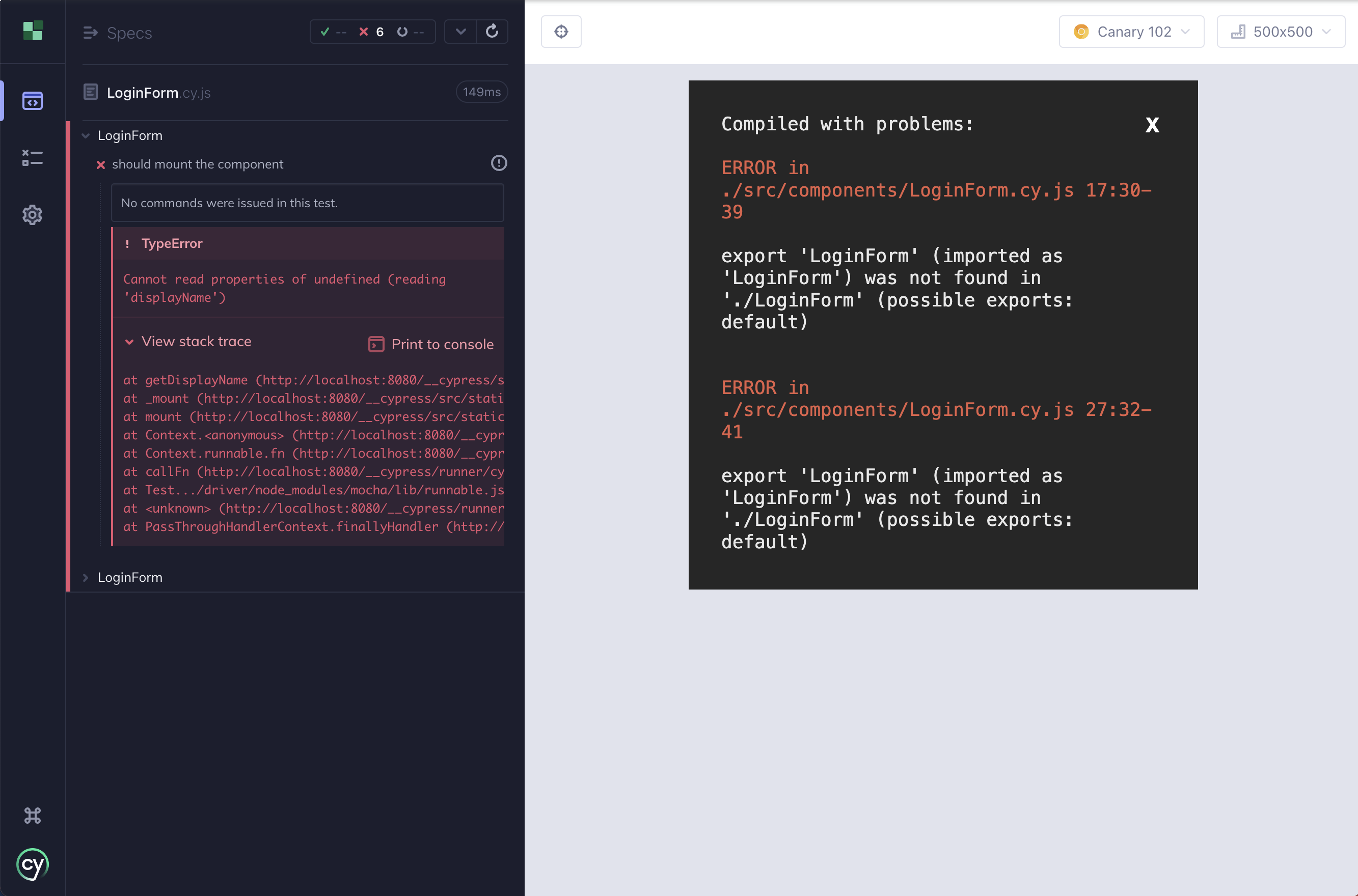 Syntax error displayed in the component preview