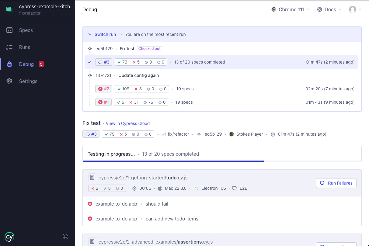 Debug page showing test results and failure details in the Cypress App