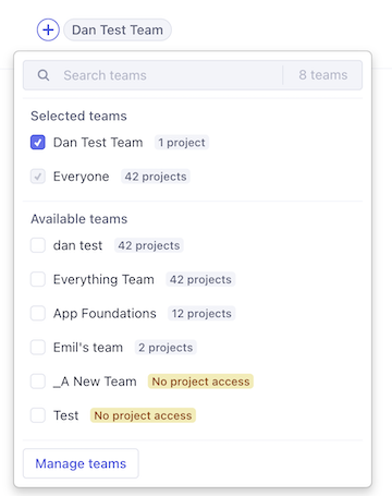 When assigning a team to a specific user, you can select individual teams from a list.