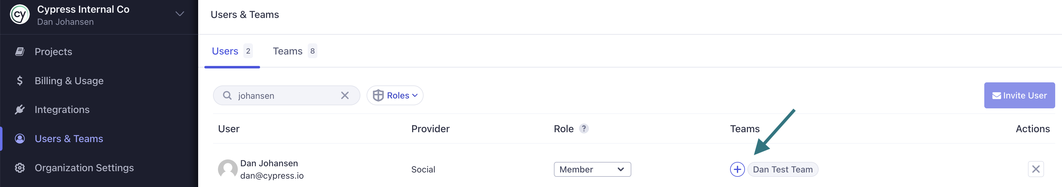 Click the + icon to assign a team to a specific user.